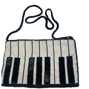 Clovis Ruffin Beaded Fabric Satin Lining Crossbody Shoulder Piano Keys Bag 8 x 5